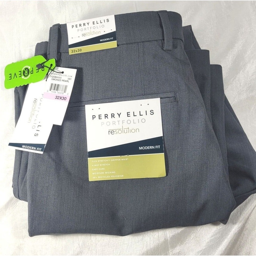 Perry Ellis Men's Modern Fit Stretch Resolution Dress Pants Smoked Pearl - 32x30